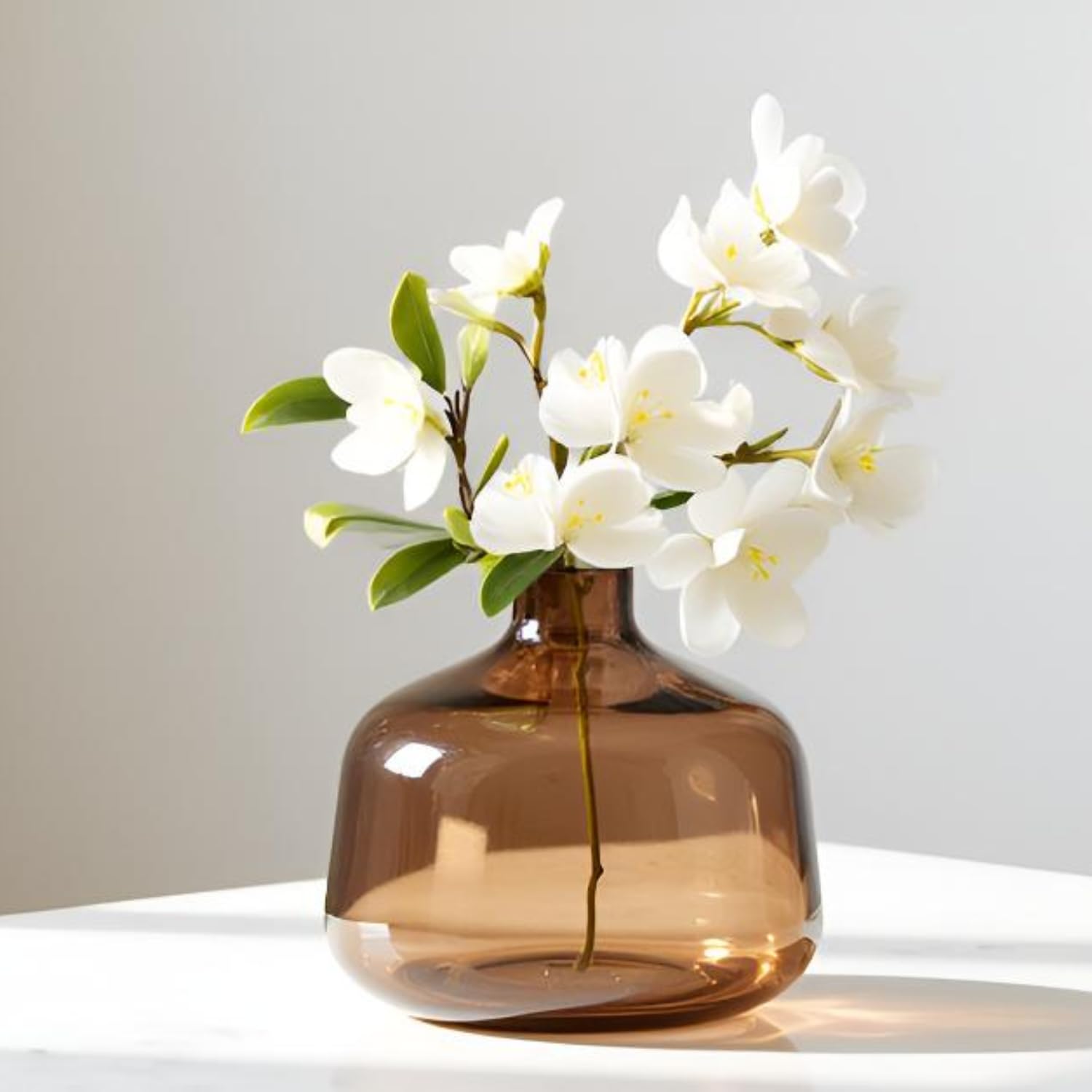 Torre & Tagus Belle Mouth Blown Art Glass Vase for Flowers - 4" Tall Clear Light Brown Colorful Vase, Handmade Small Brown Vases