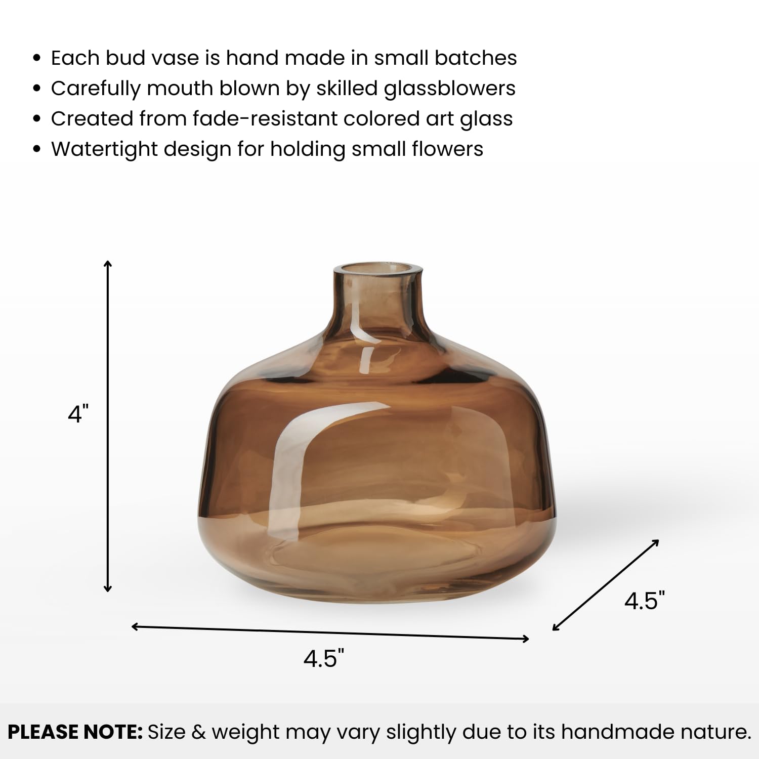 Torre & Tagus Belle Mouth Blown Art Glass Vase for Flowers - 4" Tall Clear Light Brown Colorful Vase, Handmade Small Brown Vases