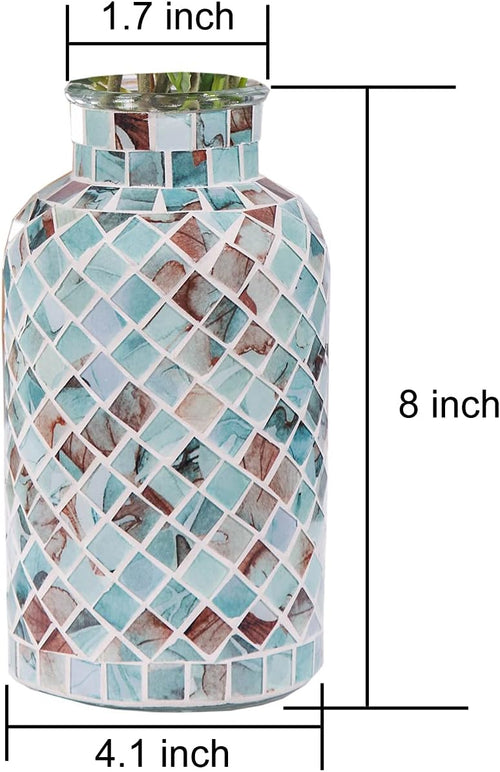 Classic Mosaic Flower Vase for Home Decor, 8”(H) Glass Handmade Table Centerpiece Container for Office, Living Room Kitchen, Wedding. (Summer Road)