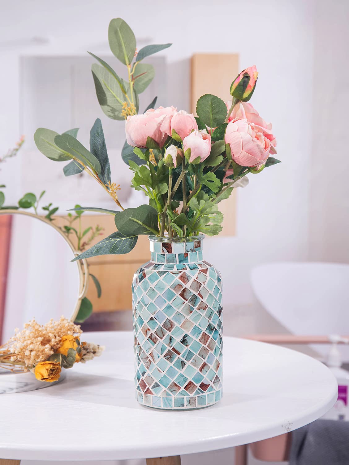 Classic Mosaic Flower Vase for Home Decor, 8”(H) Glass Handmade Table Centerpiece Container for Office, Living Room Kitchen, Wedding. (Summer Road)