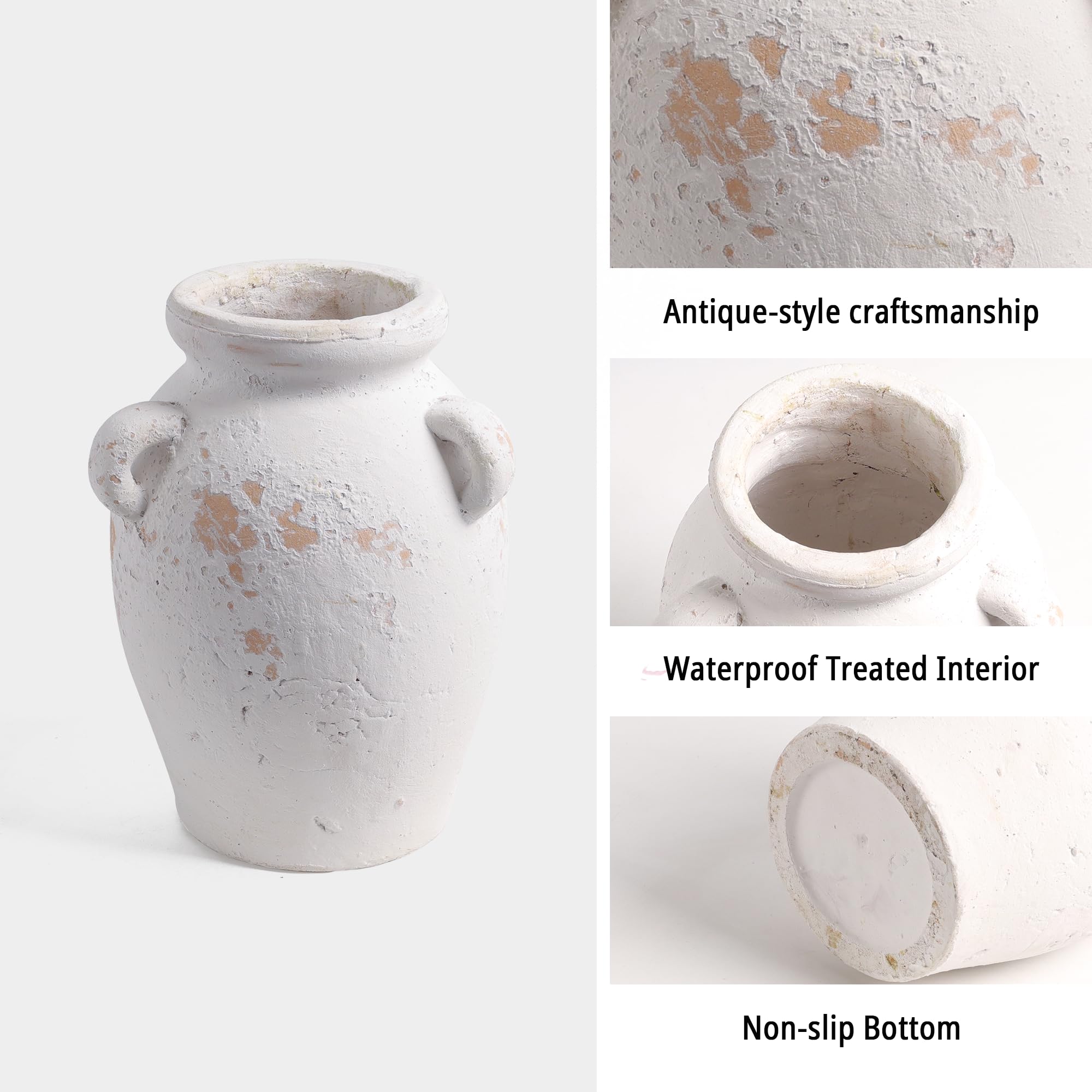 Ronasip White Ceramic Vase with 3 Ear Design, 8.6” Tall,Antique Terracotta Vases, Handmade Pottery, Farmhouse Decor, Wide Mouth Vase for Home Decor