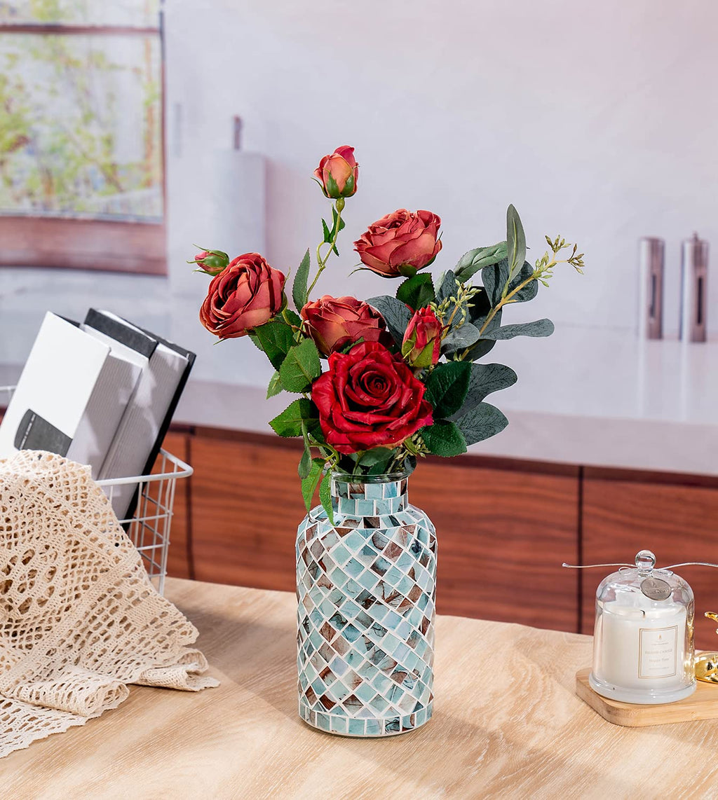 Classic Mosaic Flower Vase for Home Decor, 8”(H) Glass Handmade Table Centerpiece Container for Office, Living Room Kitchen, Wedding. (Summer Road)