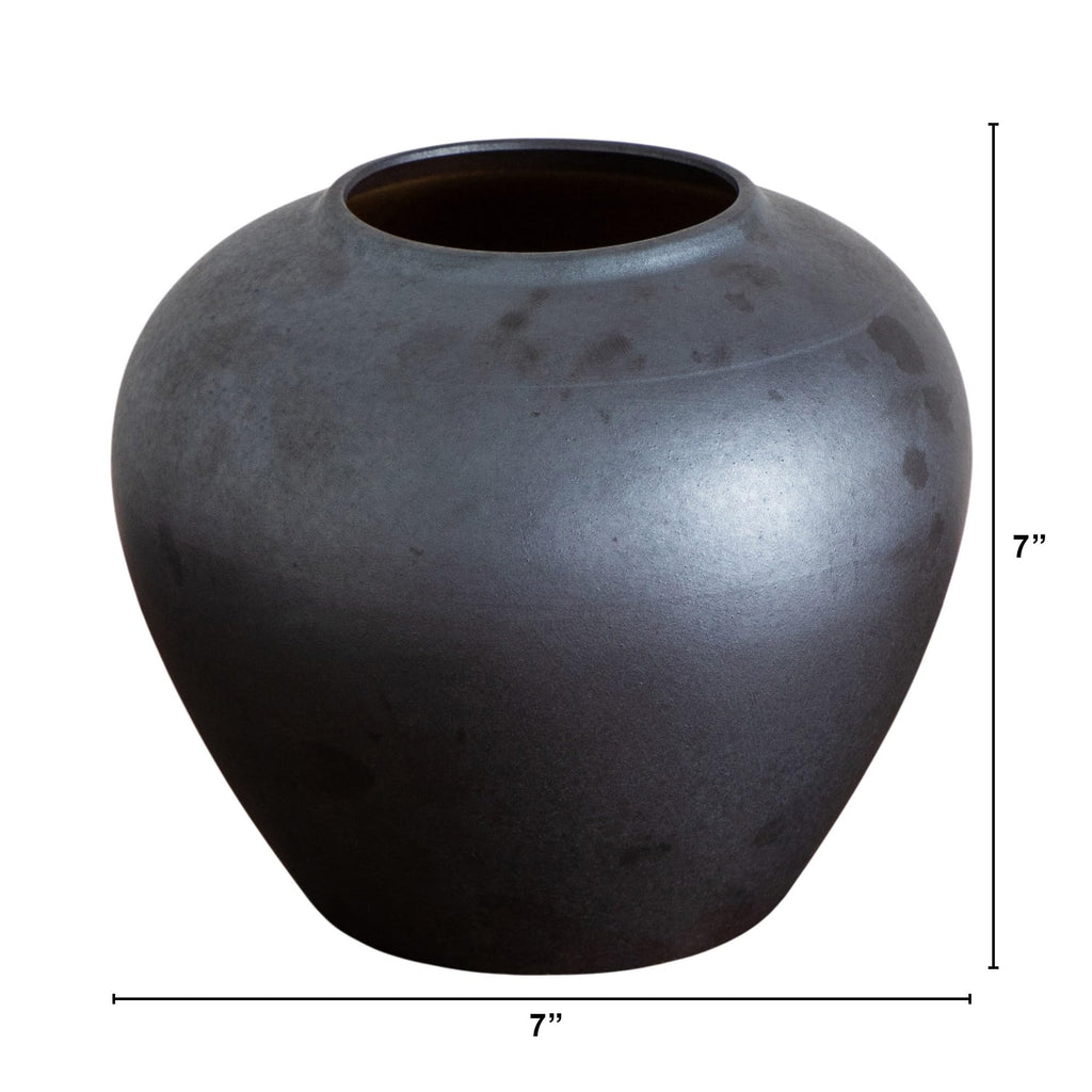 Nearly Natural 7-Inch Black Round Ceramic Urn Vase - Handmade Decorative Flower Vase for Artificial Stems