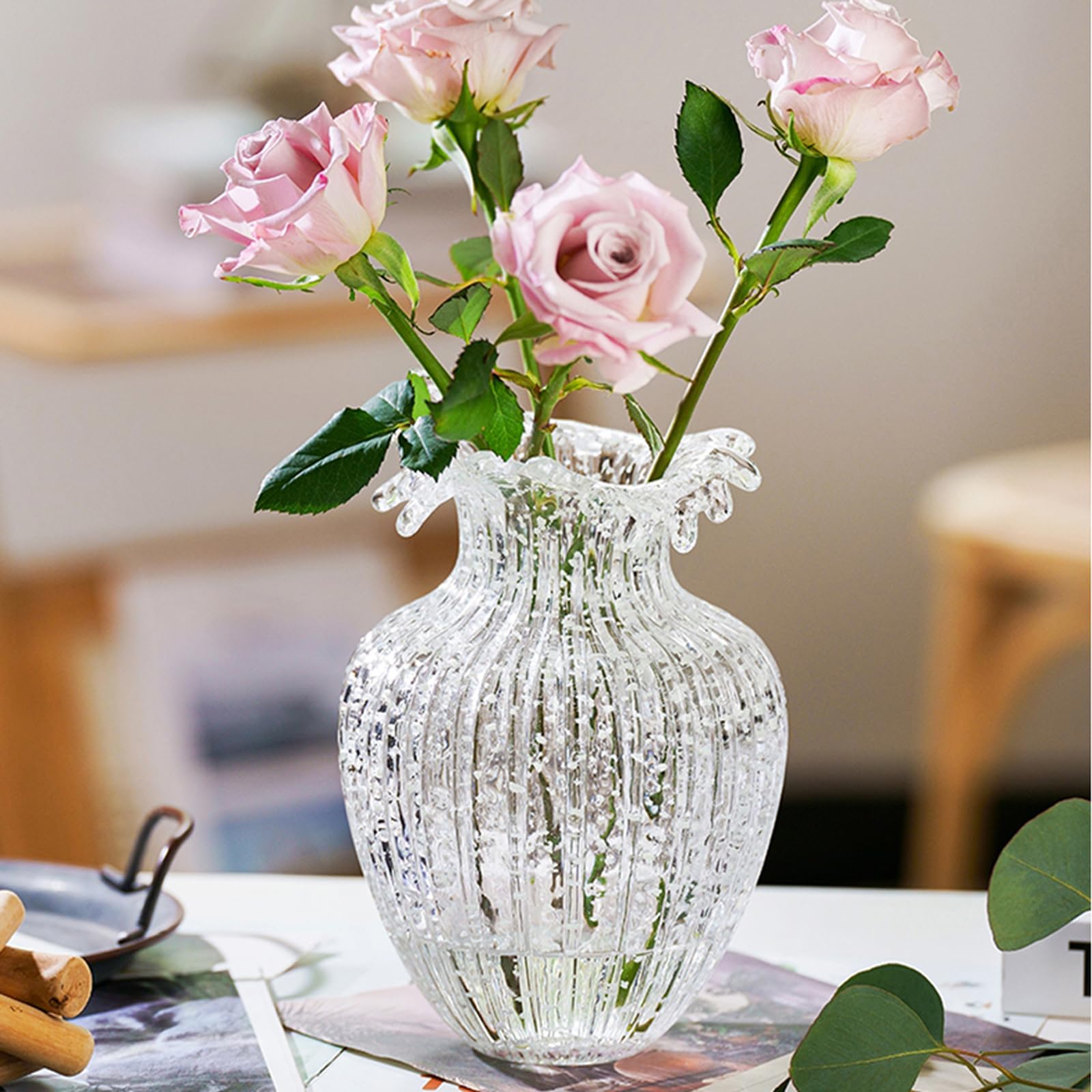 Handmade Glass Flower Vase Luminous Waves Mouth Decorative Vase Vintage Home Decor Rustic Farmhouse