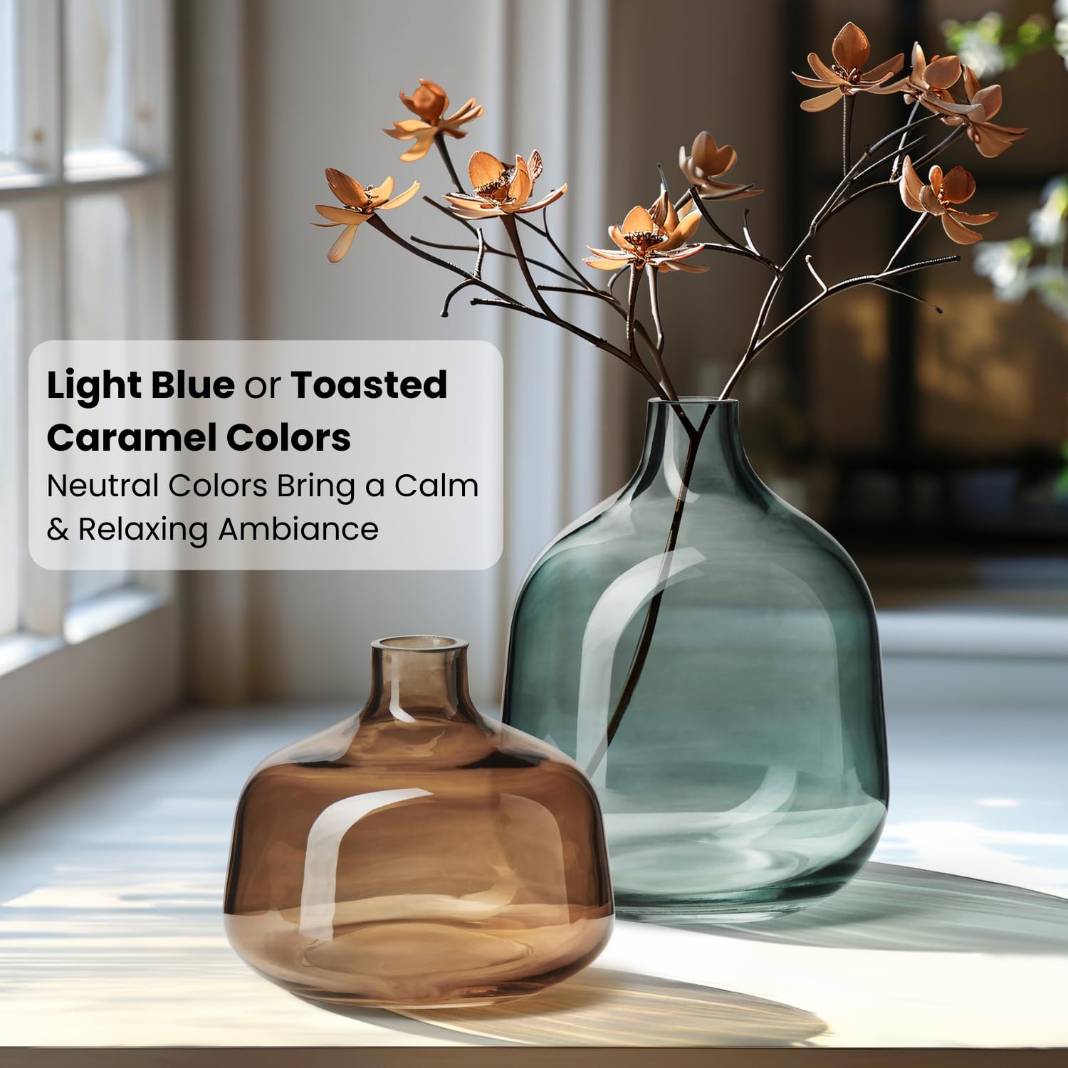 Torre & Tagus Belle Mouth Blown Art Glass Vase for Flowers - 4" Tall Clear Light Brown Colorful Vase, Handmade Small Brown Vases