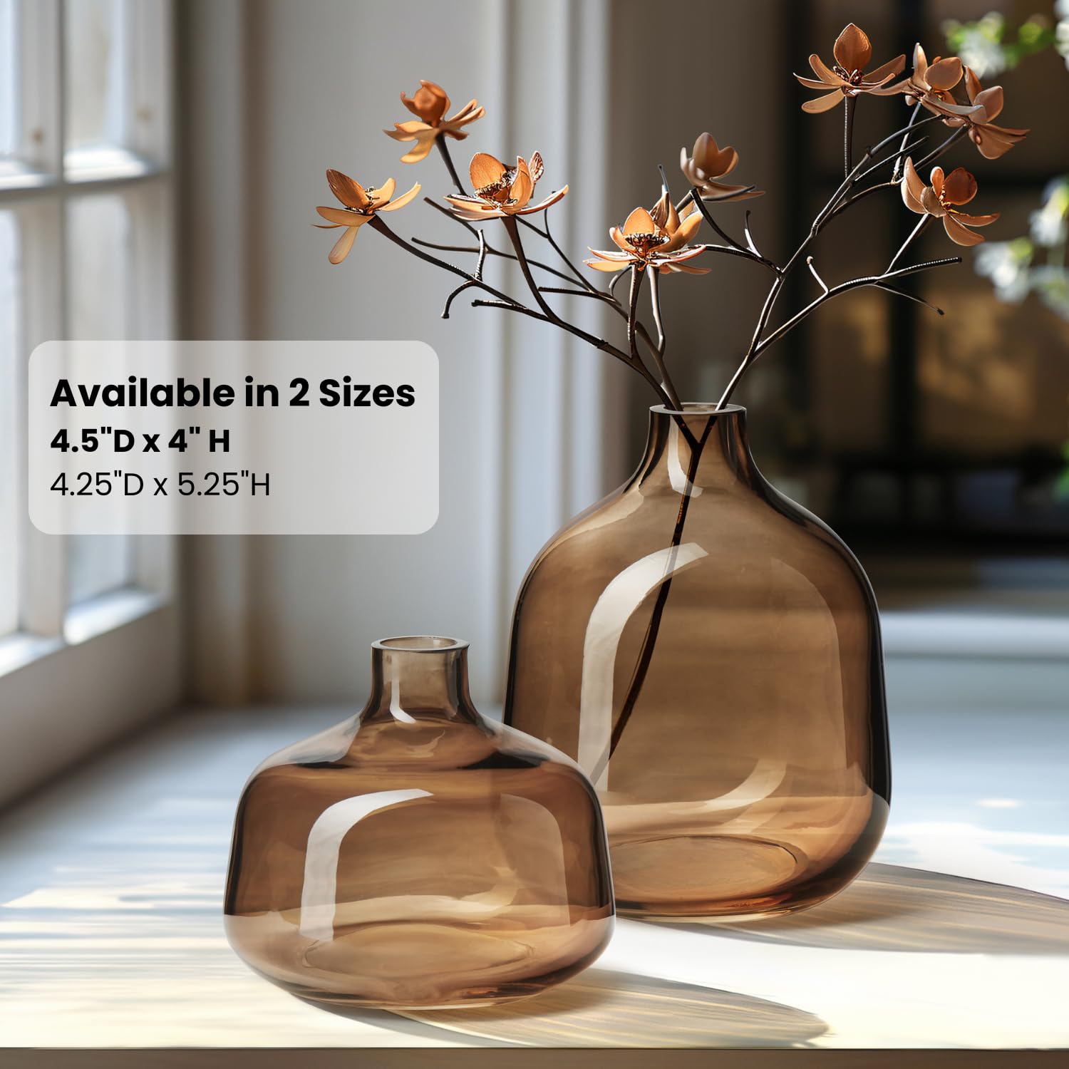 Torre & Tagus Belle Mouth Blown Art Glass Vase for Flowers - 4" Tall Clear Light Brown Colorful Vase, Handmade Small Brown Vases