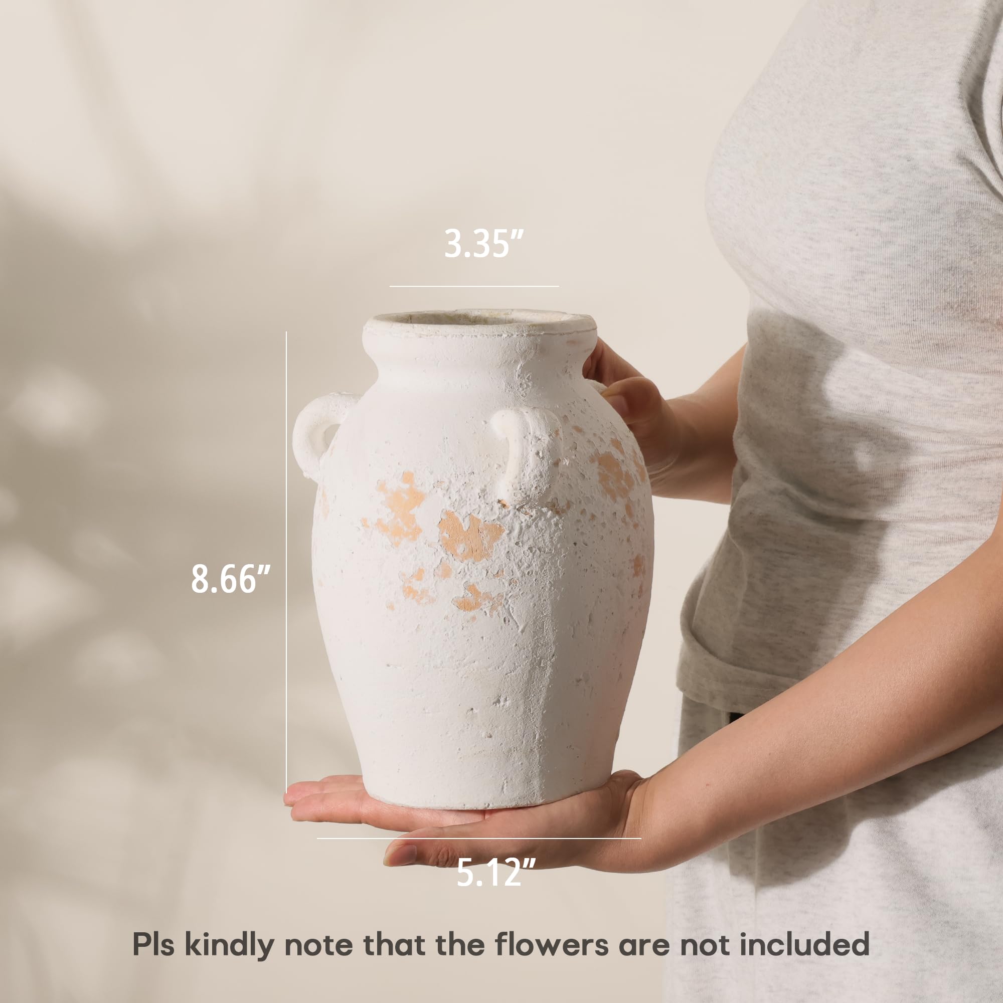 Ronasip White Ceramic Vase with 3 Ear Design, 8.6” Tall,Antique Terracotta Vases, Handmade Pottery, Farmhouse Decor, Wide Mouth Vase for Home Decor