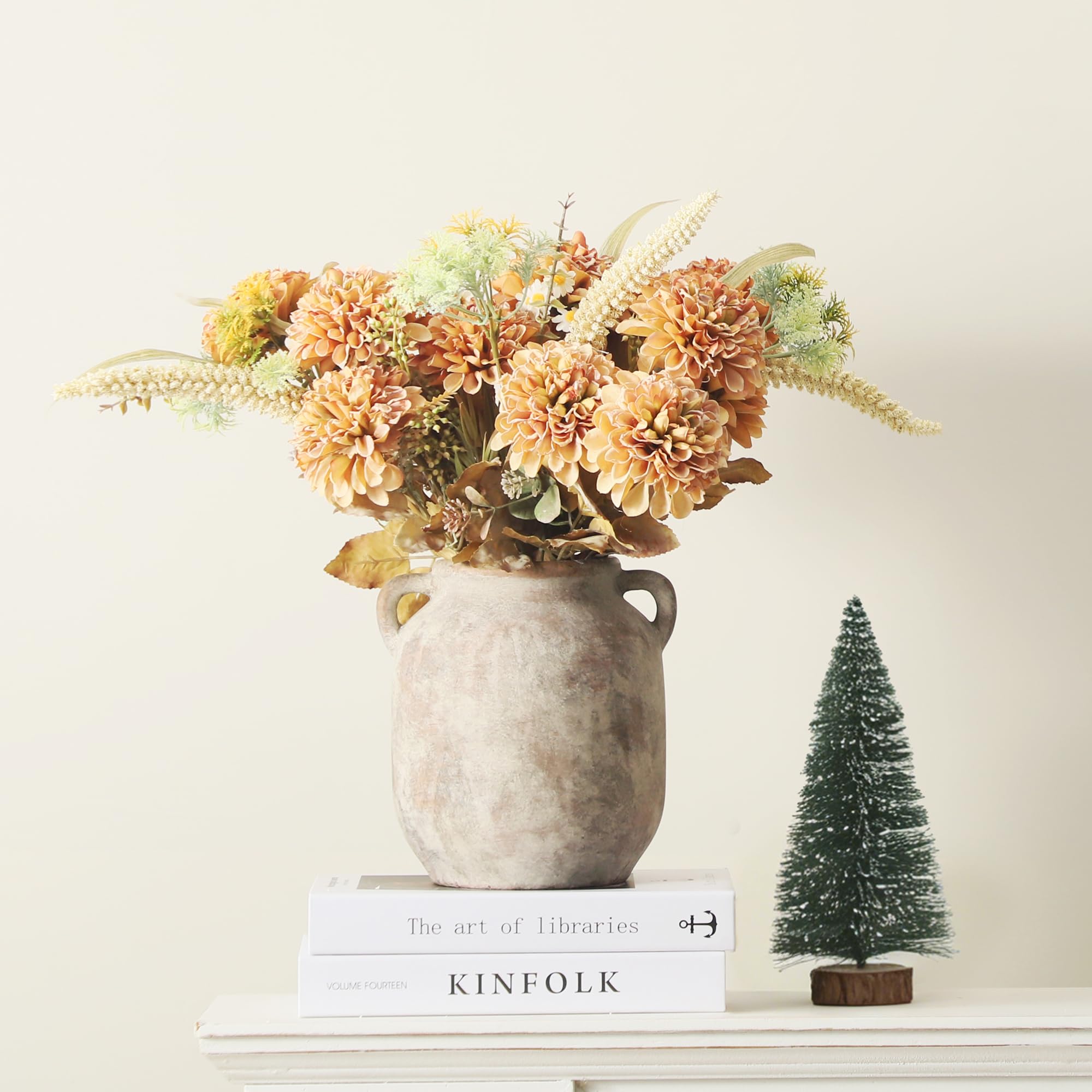 Ceramic Flower Vase Home Decor - 7.6 Inch Farmhouse Rustic Table Vases with Handle Living