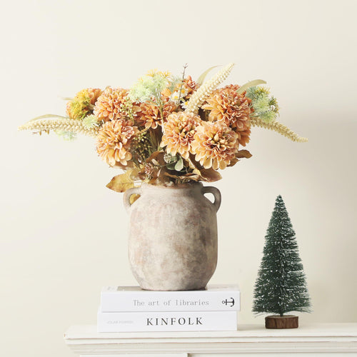 Ceramic Flower Vase Home Decor - 7.6 Inch Farmhouse Rustic Table Vases with Handle Living