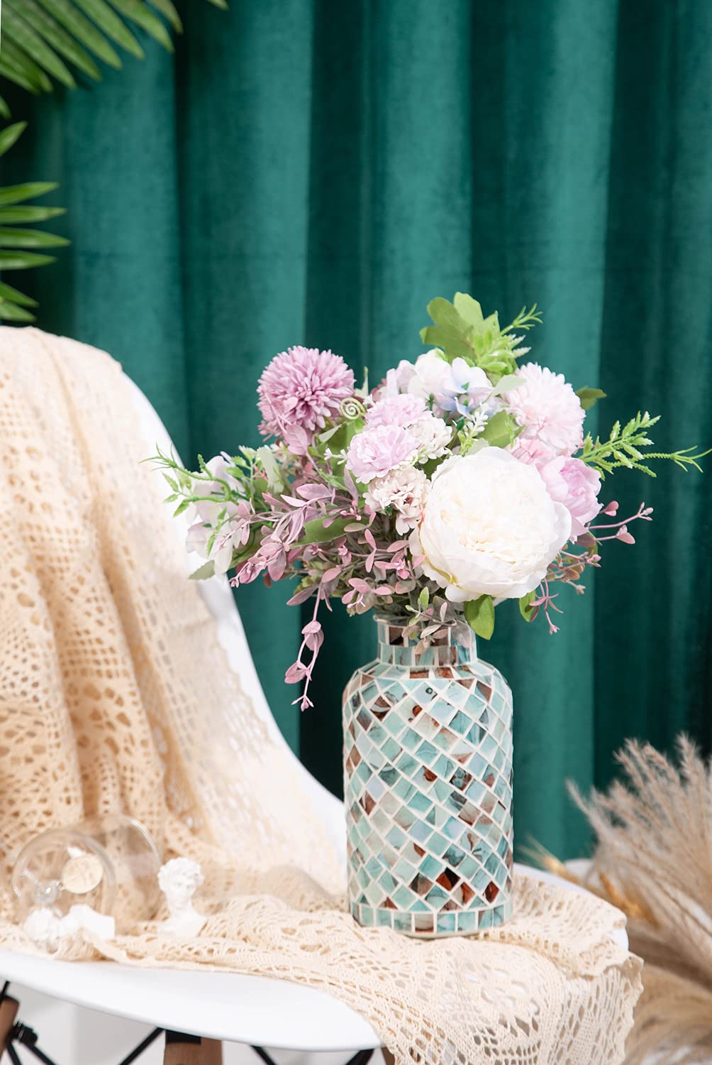 Classic Mosaic Flower Vase for Home Decor, 8”(H) Glass Handmade Table Centerpiece Container for Office, Living Room Kitchen, Wedding. (Summer Road)