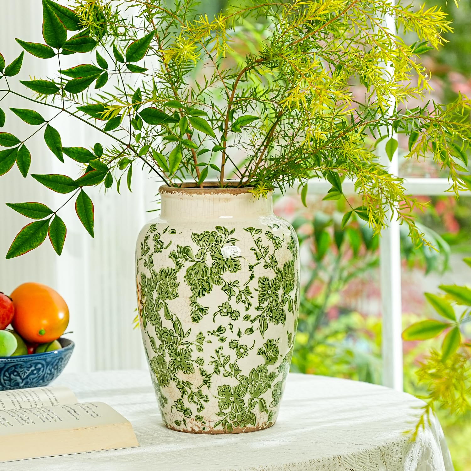 Sungmor Ceramic Flower Vase, Vintage Ice Cracked Glaze Porcelain Vase, Pretty Home Decor Vase for Flower Arrangement