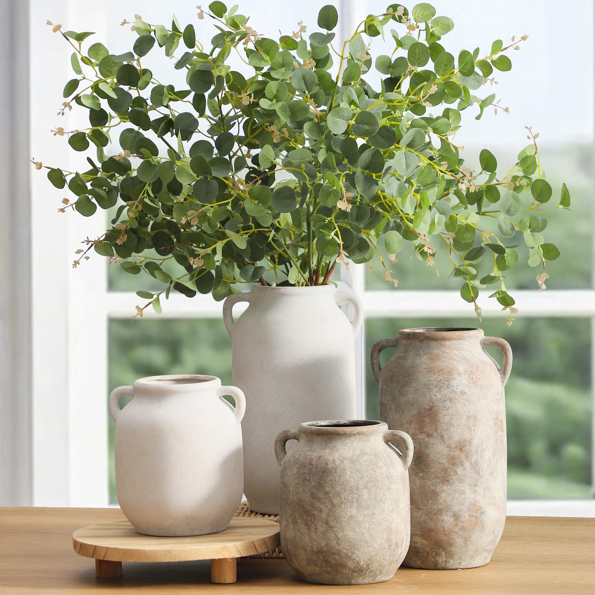 Ceramic Flower Vase Home Decor - 7.6 Inch Farmhouse Rustic Table Vases with Handle Living