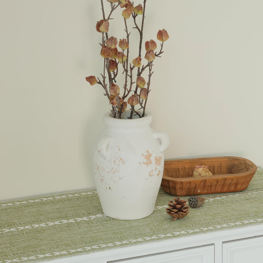 Ronasip White Ceramic Vase with 3 Ear Design, 8.6” Tall,Antique Terracotta Vases, Handmade Pottery, Farmhouse Decor, Wide Mouth Vase for Home Decor