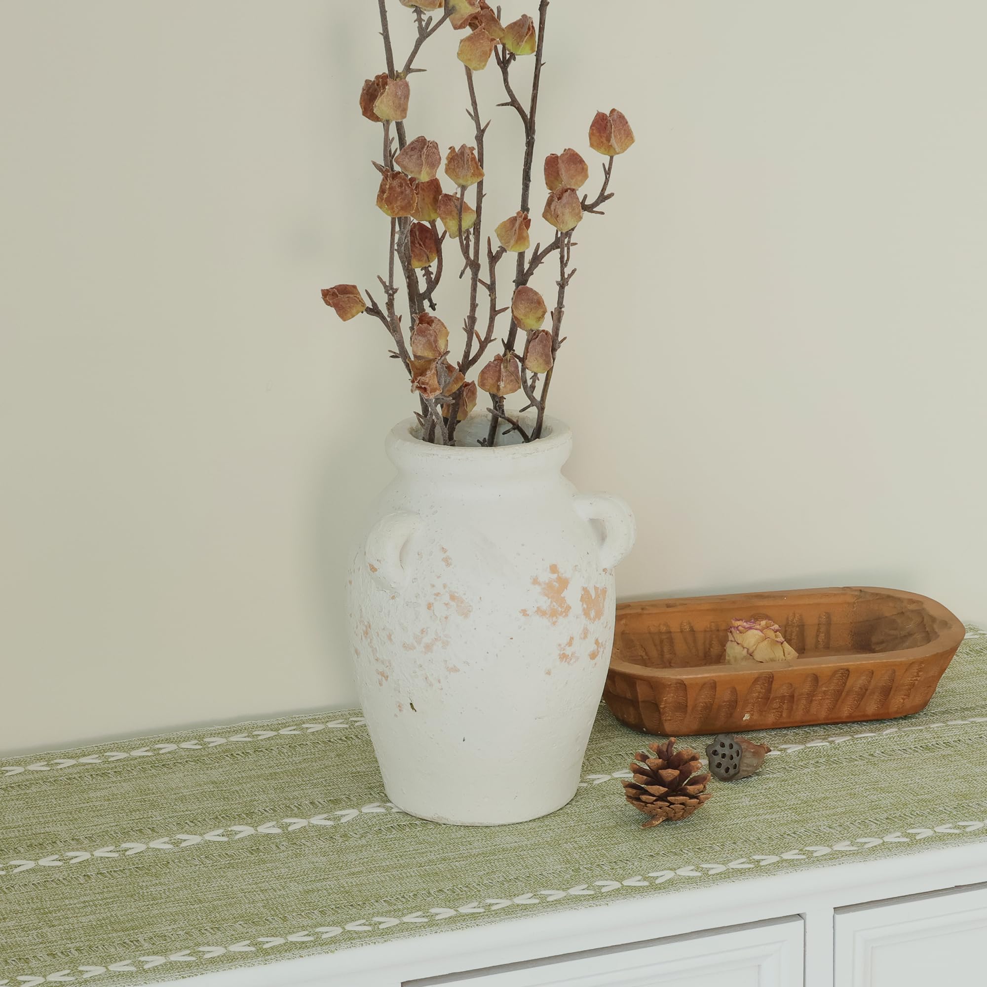 Ronasip White Ceramic Vase with 3 Ear Design, 8.6” Tall,Antique Terracotta Vases, Handmade Pottery, Farmhouse Decor, Wide Mouth Vase for Home Decor