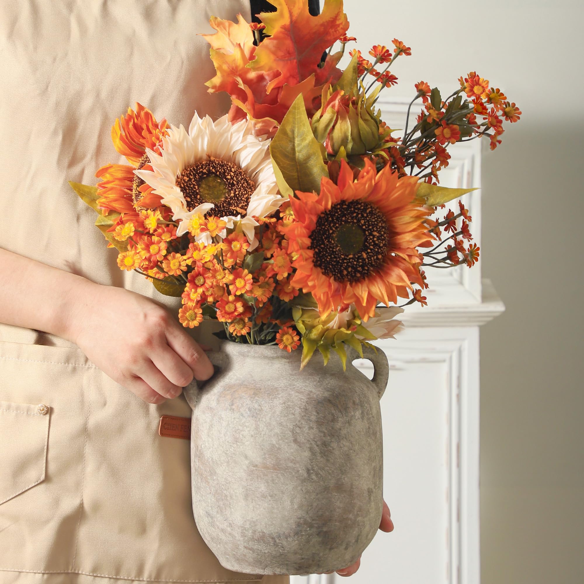 Ceramic Flower Vase Home Decor - 7.6 Inch Farmhouse Rustic Table Vases with Handle Living