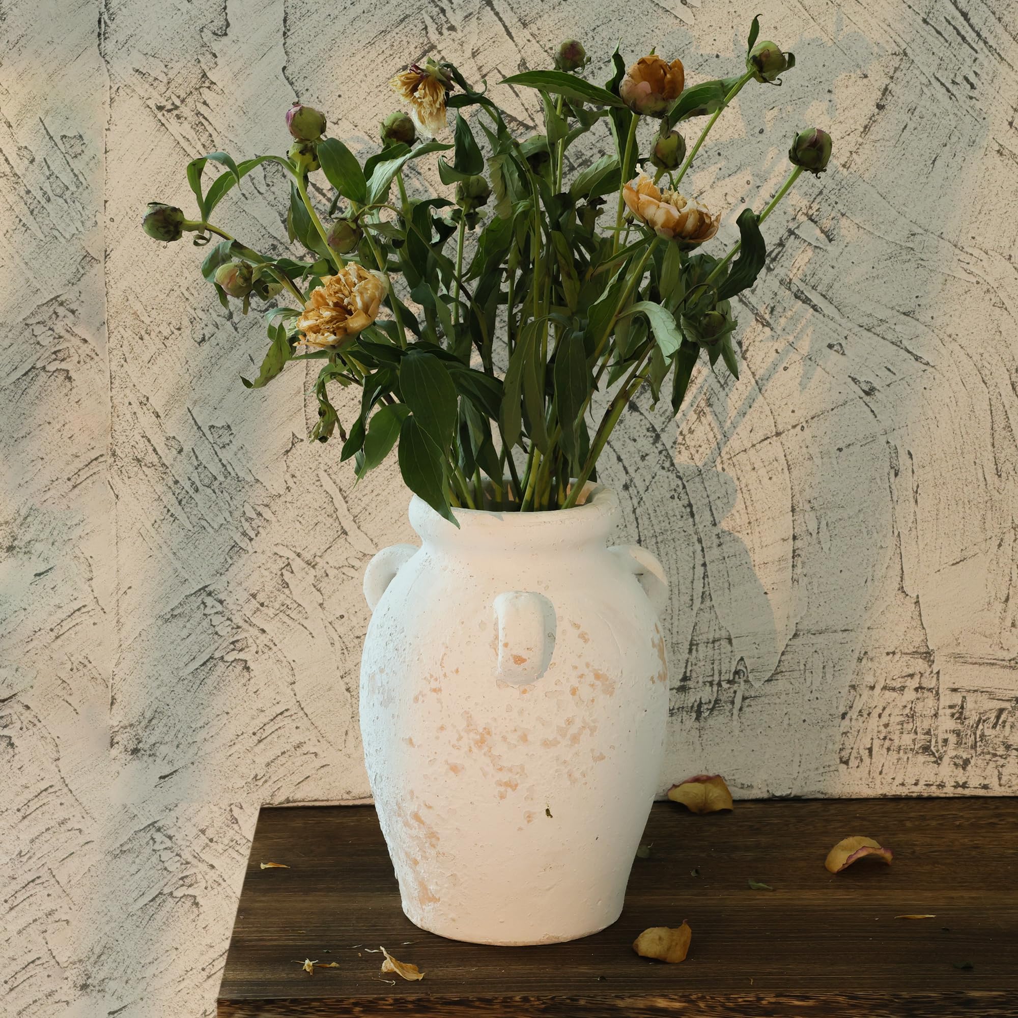 Ronasip White Ceramic Vase with 3 Ear Design, 8.6” Tall,Antique Terracotta Vases, Handmade Pottery, Farmhouse Decor, Wide Mouth Vase for Home Decor